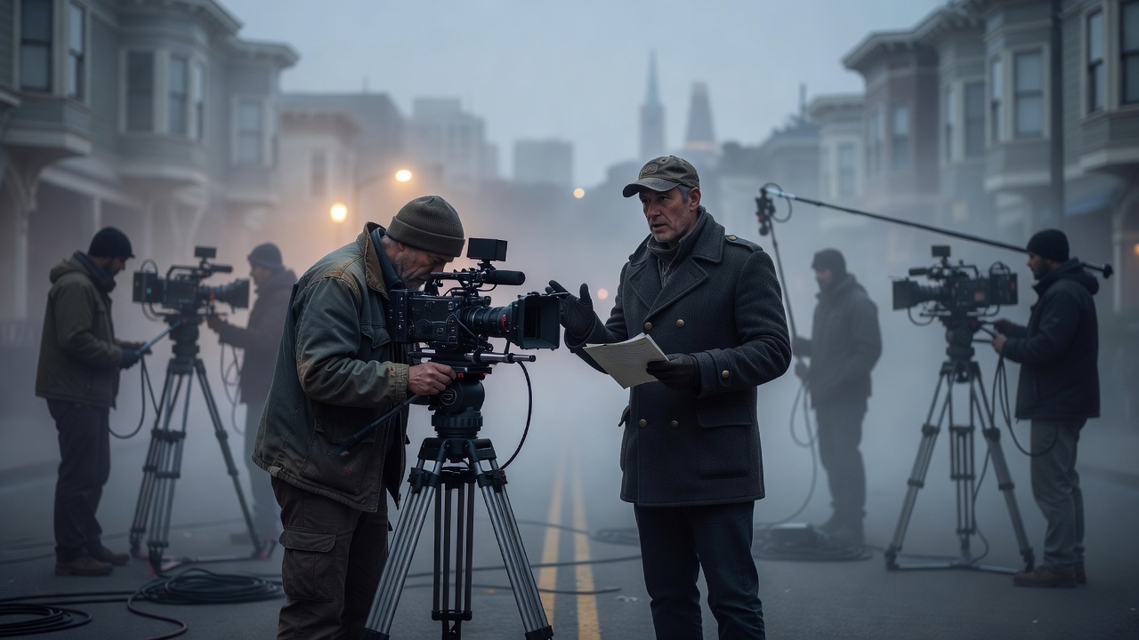 Director and crew on a foggy film set