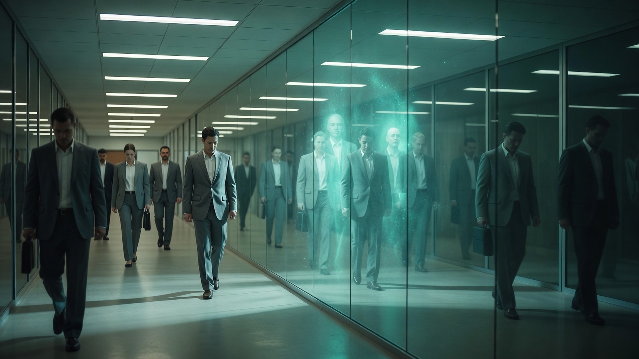 A worker split between two reflections, a metaphor for divided identity in Severance