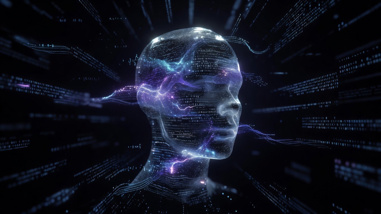 A holographic human head made of code, symbolizing the simulation hypothesis