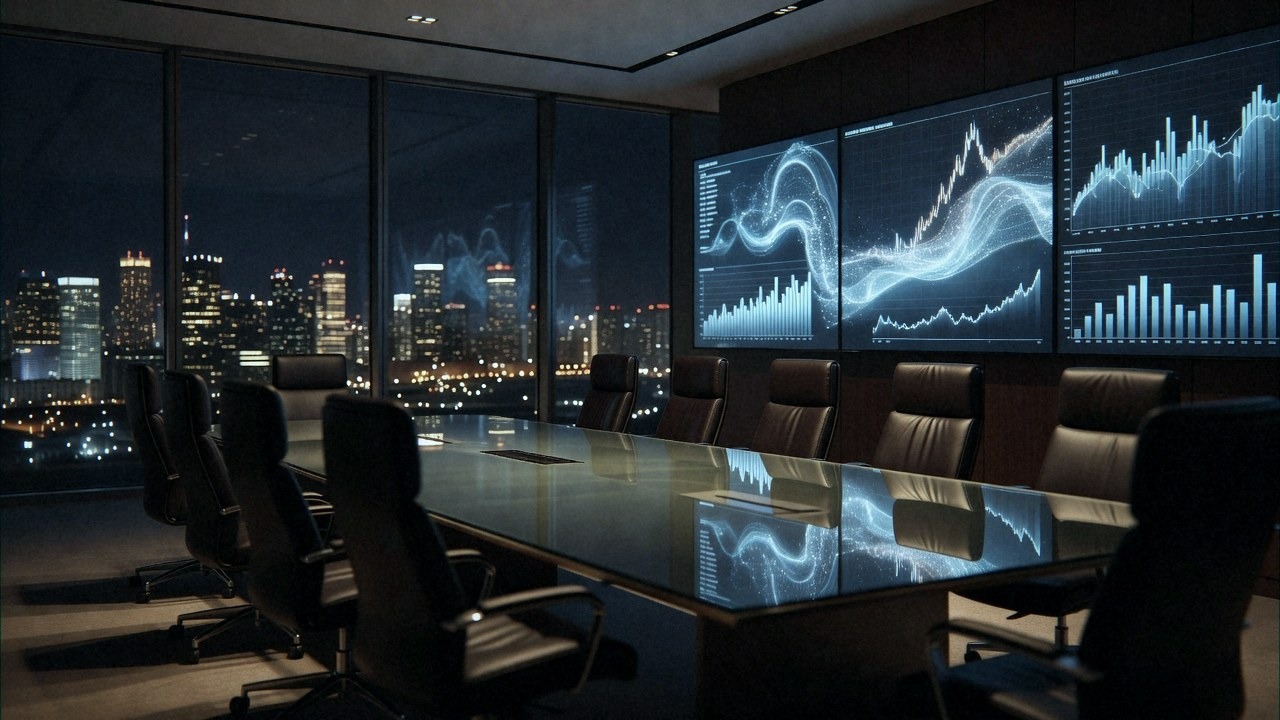 A corporate boardroom at night with financial data glowing on the screens