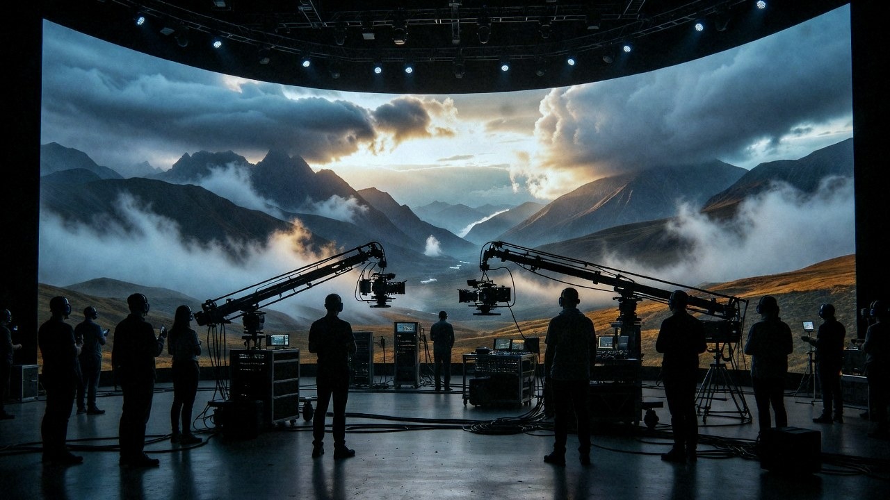 A film crew working in front of a curved LED virtual production wall