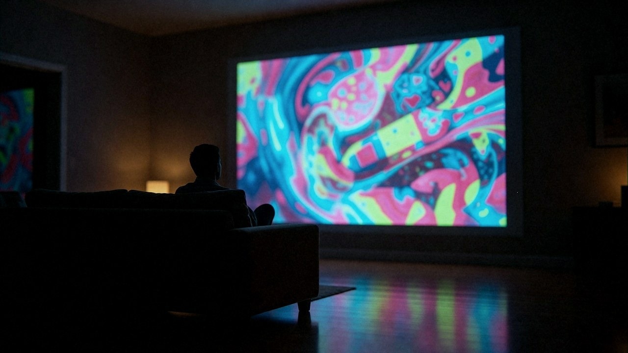 A lone viewer watching a large glowing screen in a darkened living room